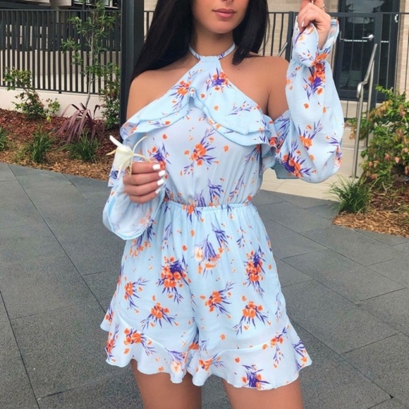 Paris&Pearle Pants - Tahitian Goddess Blue Floral Ruffle Romper